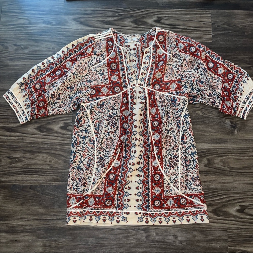 Joie Boho Print Mini Dress V-Neck Wide Sleeve Casual XS